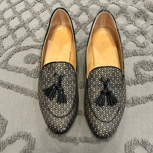 J.CREW loafers they have black tassels The color in them is gold, blue and pink.